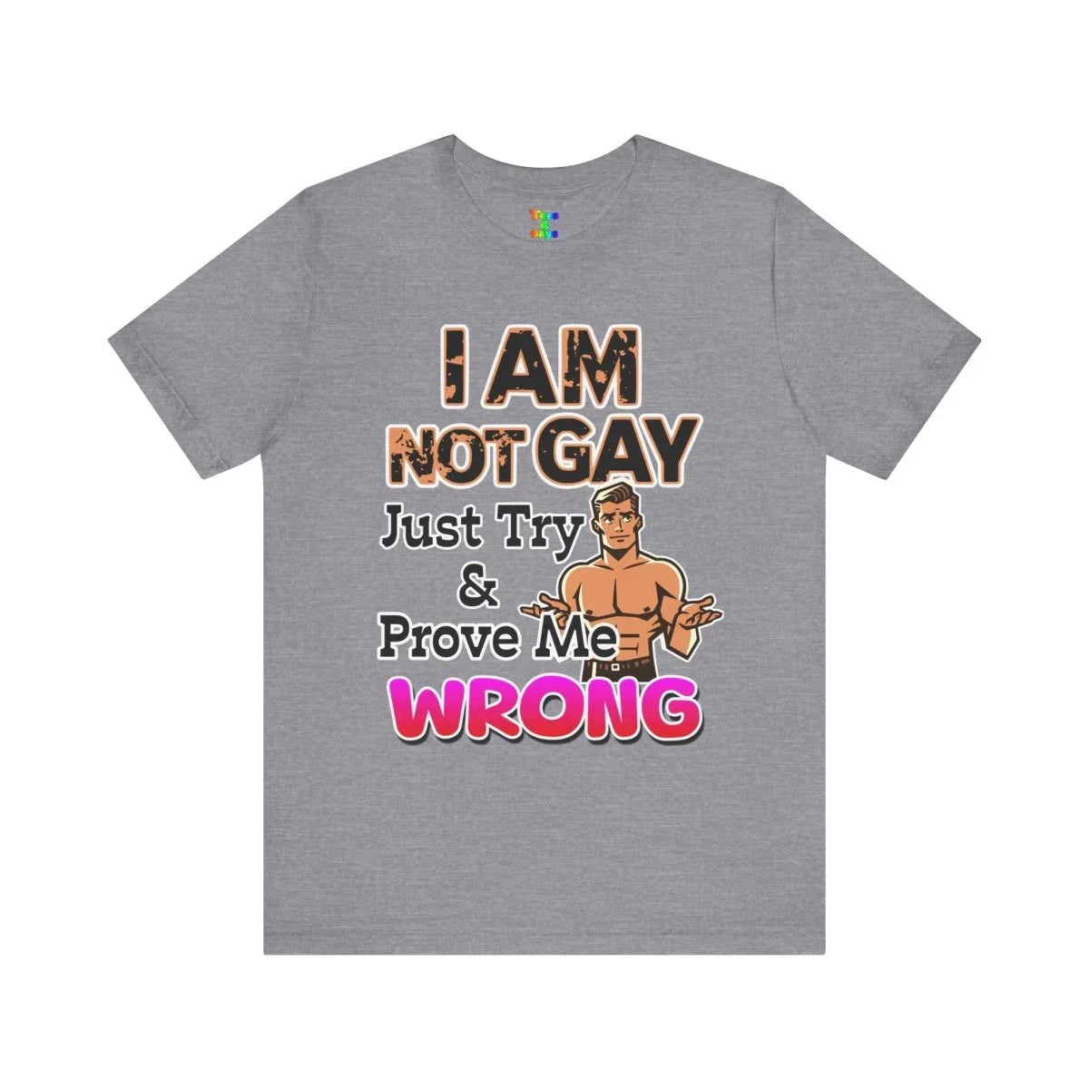 Funny Unisex Jersey Tee - I AM NOT GAY Just Try & Prove Me WRONG, Humorous Graphic Shirt, LGBTQ+ Pride, Gift for Friends, Casual Wear - Tees4Gays