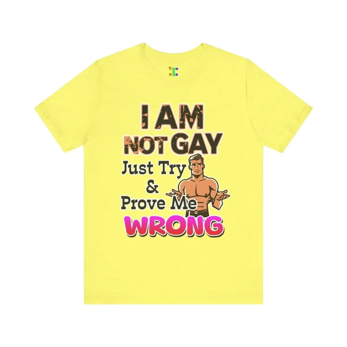 Funny Unisex Jersey Tee - I AM NOT GAY Just Try & Prove Me WRONG, Humorous Graphic Shirt, LGBTQ+ Pride, Gift for Friends, Casual Wear - Tees4Gays